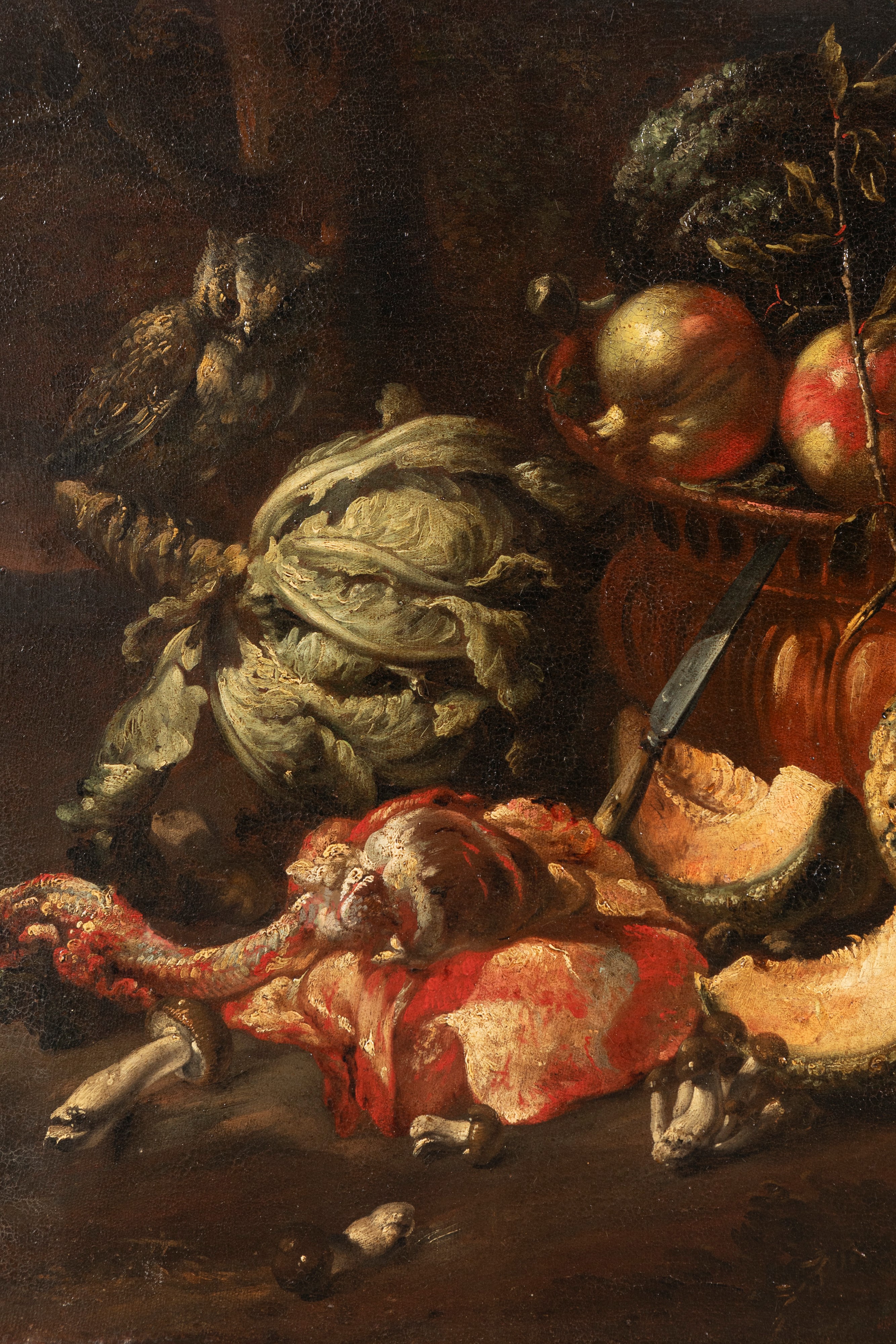 Felice Boselli - Frattaglie, verdure e frutti con civetta, olio su tela