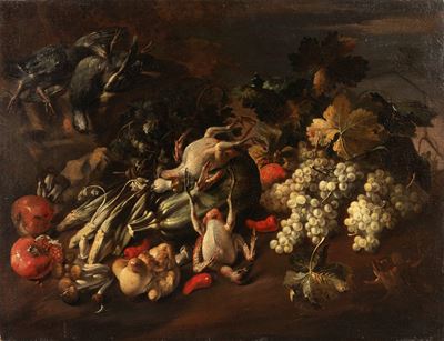 Cacciagione, frutti e verdura, olio su tela