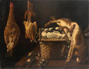 Hunting triumph with pigeons in a wicker basket