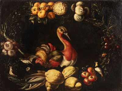 Scuola napoletana, Ghirlanda di frutta e ortaggi con pennuto e altri volatili, olio su tela