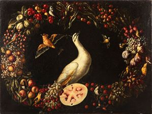 Garland of fruit and vegetables with white peacock and other birds