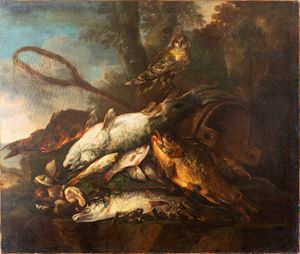 Fish and mushrooms near a wooden basket, with owl and frog