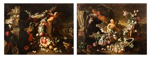 Two triumphs of flowers and fruit with cherubs and classical architecture en plein air