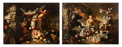 Due trionfi di fiori e frutta con putti e architetture classiche, coppia di oli su tela