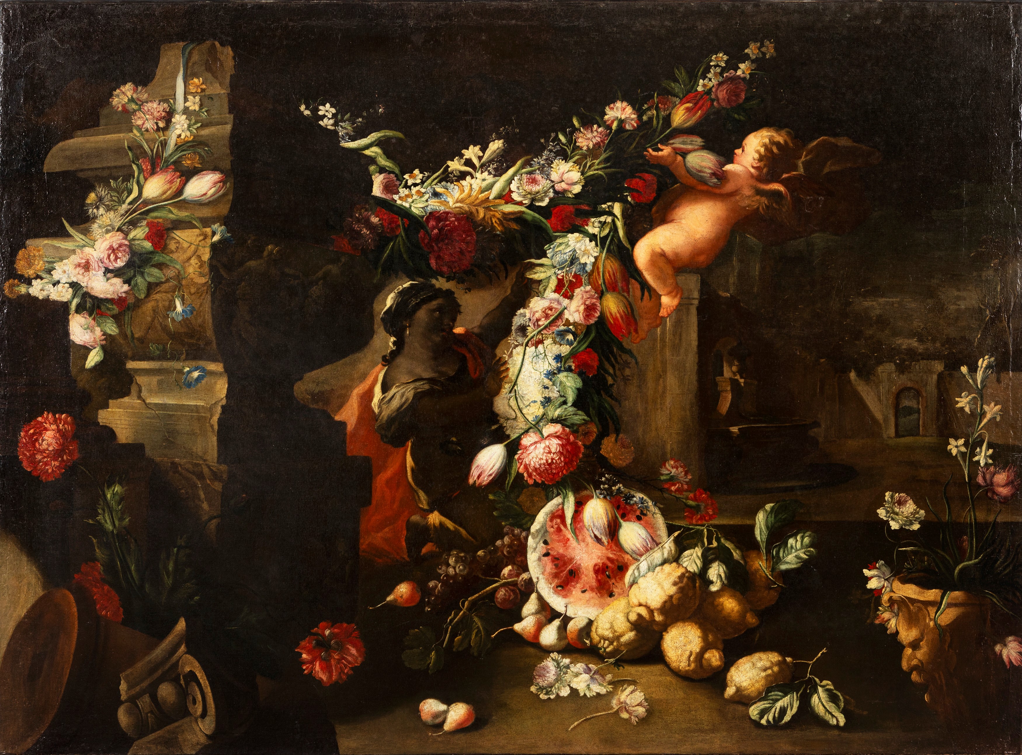 Andrea Belvedere, Paolo De Matteis - Due trionfi di fiori e frutta con putti e architetture class...