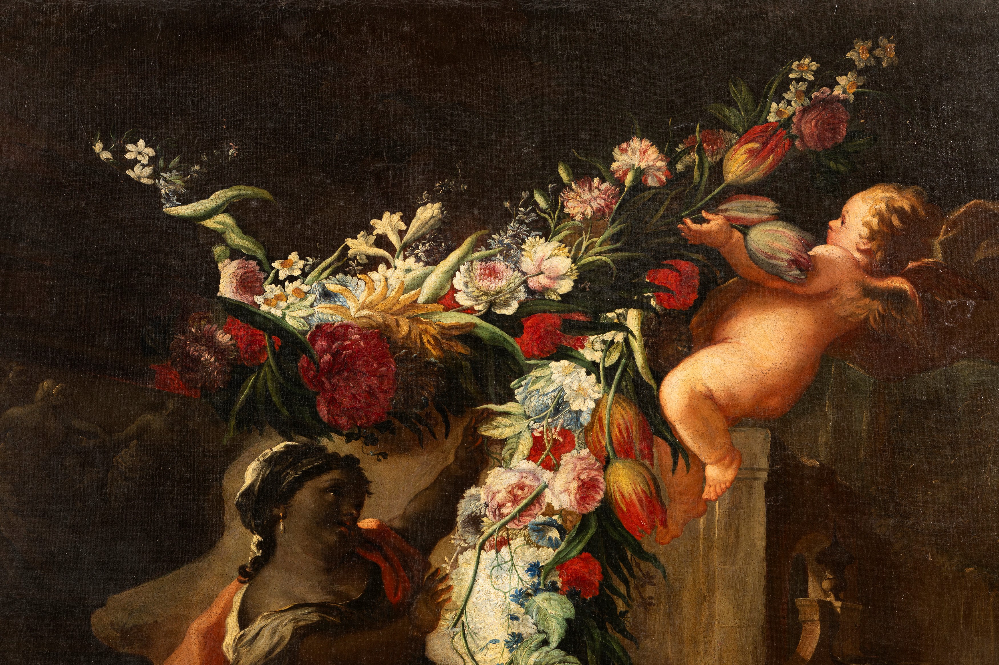 Andrea Belvedere, Paolo De Matteis - Due trionfi di fiori e frutta con putti e architetture class...