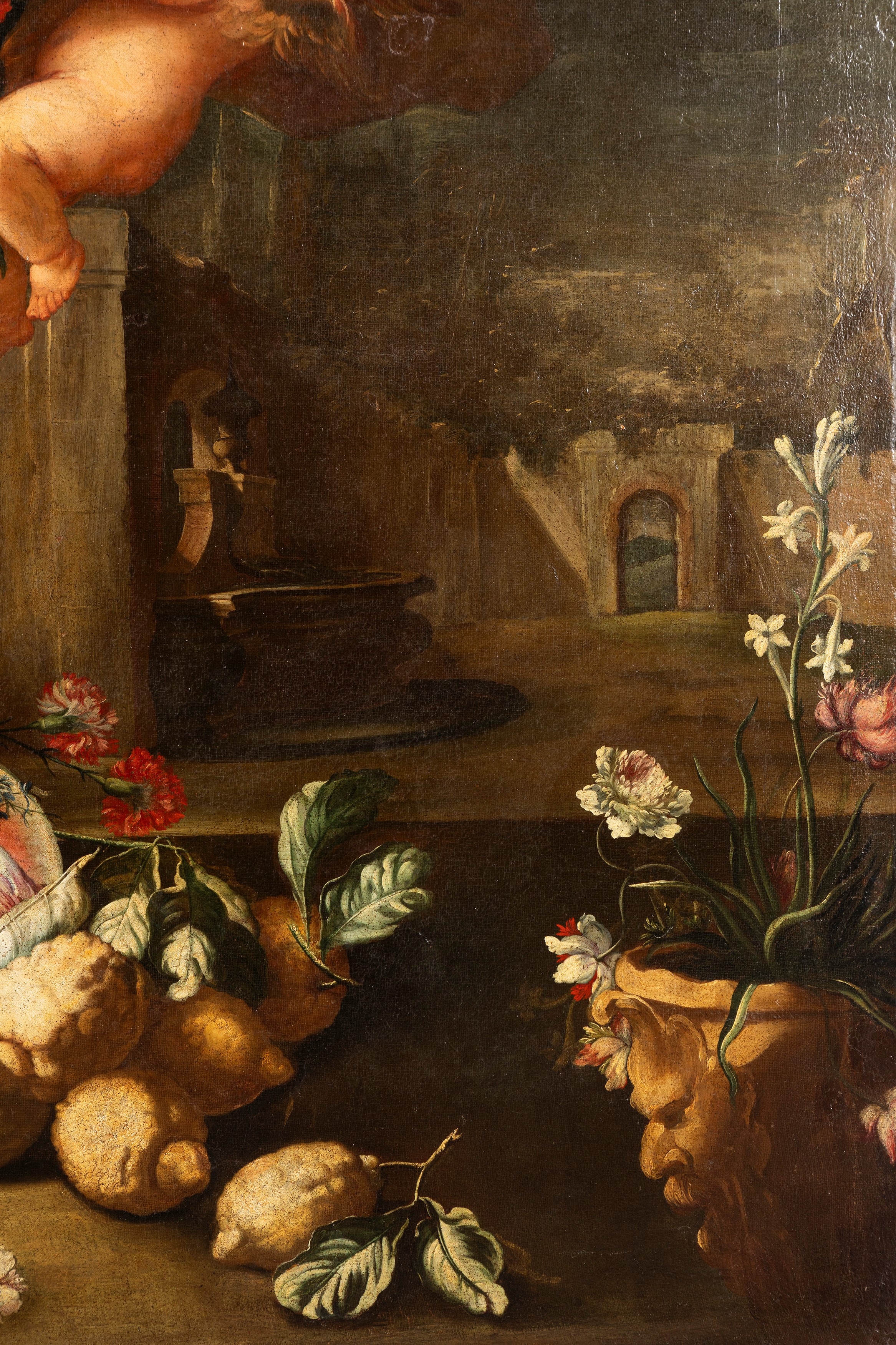 Andrea Belvedere, Paolo De Matteis - Due trionfi di fiori e frutta con putti e architetture class...
