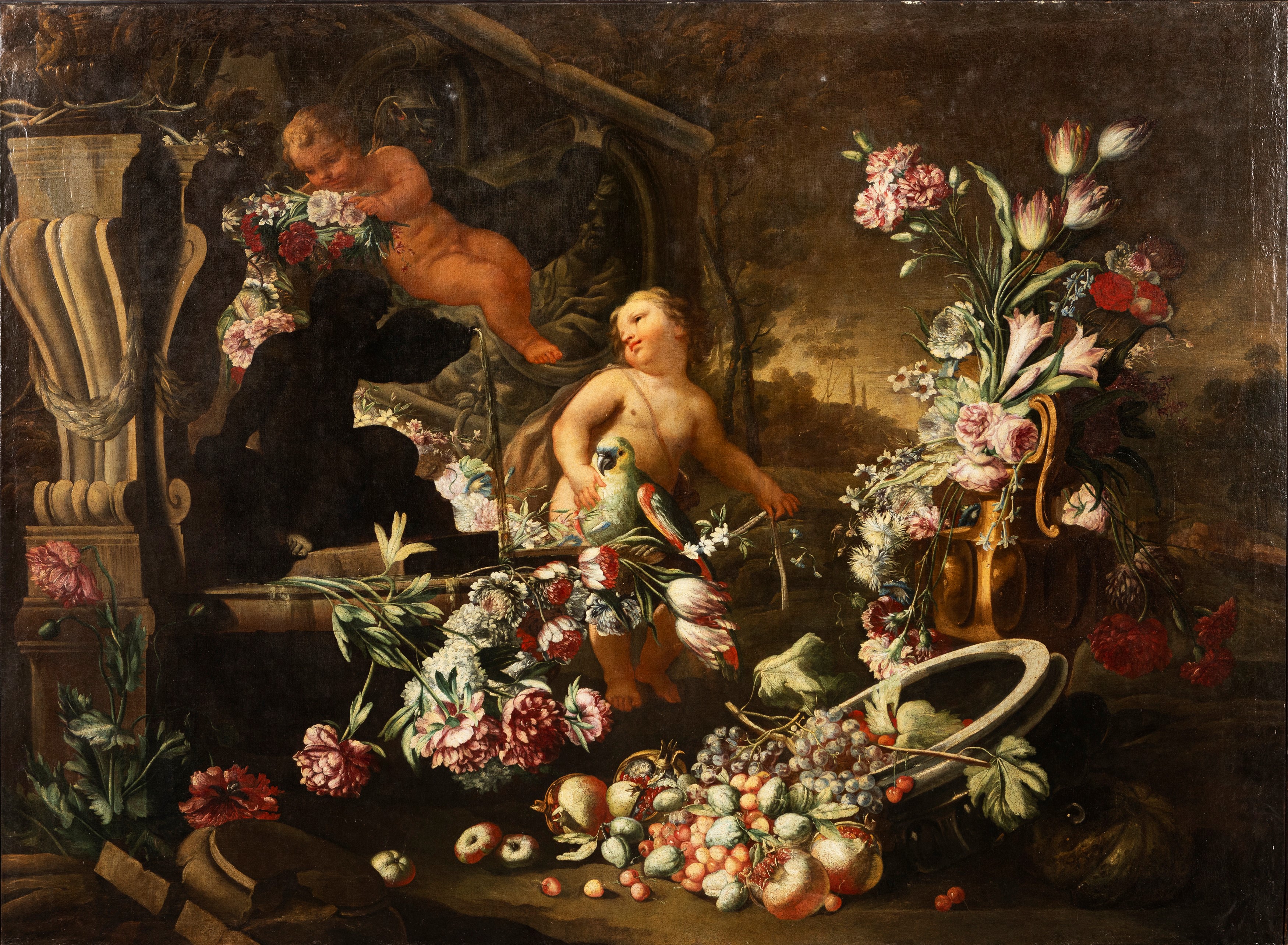 Andrea Belvedere, Paolo De Matteis - Due trionfi di fiori e frutta con putti e architetture class...