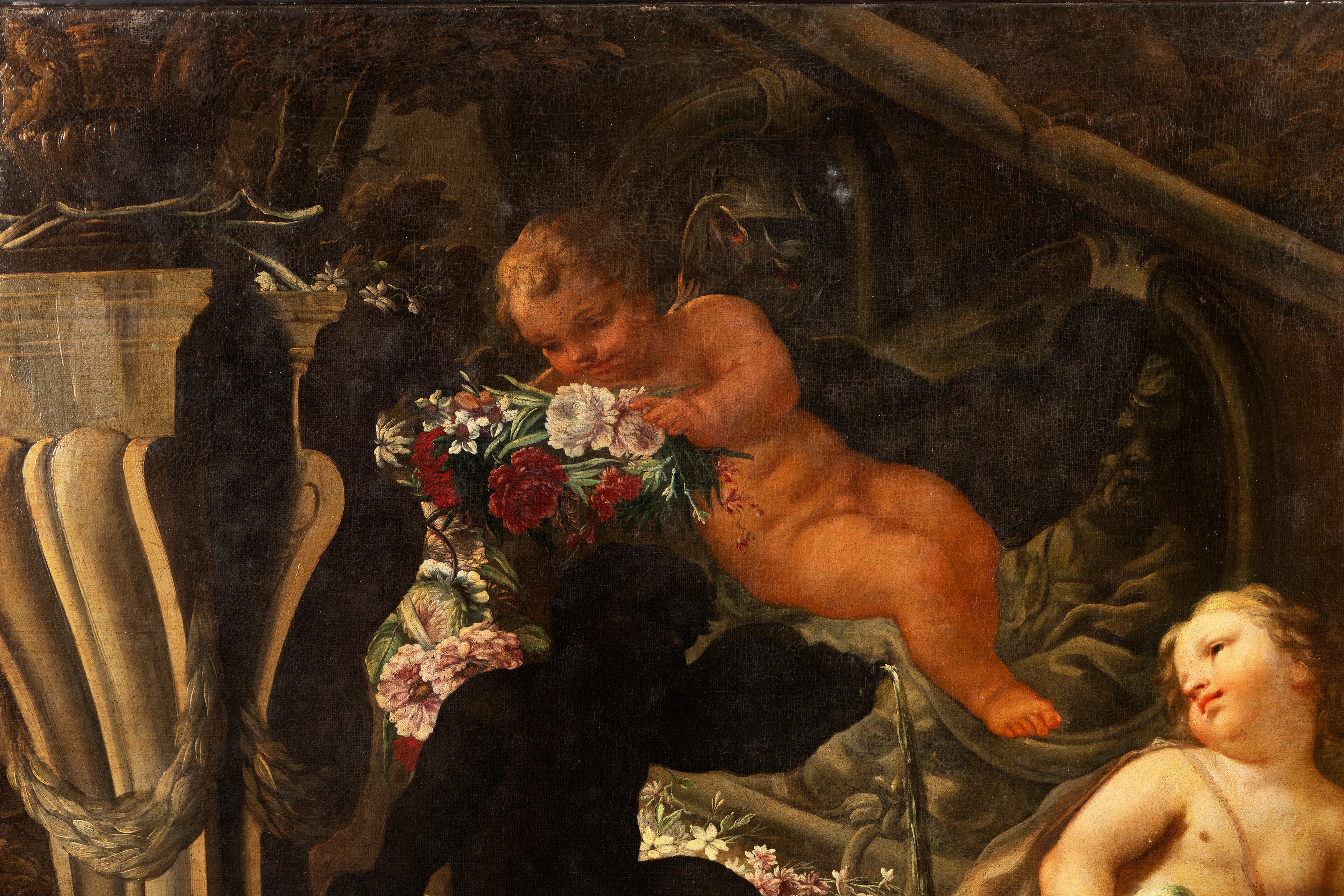 Andrea Belvedere, Paolo De Matteis - Due trionfi di fiori e frutta con putti e architetture class...