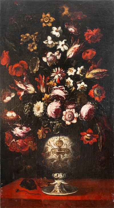 Autore Ignoto, Rose, narcisi, garofani e altri fiori in un vaso decorato, olio su tela