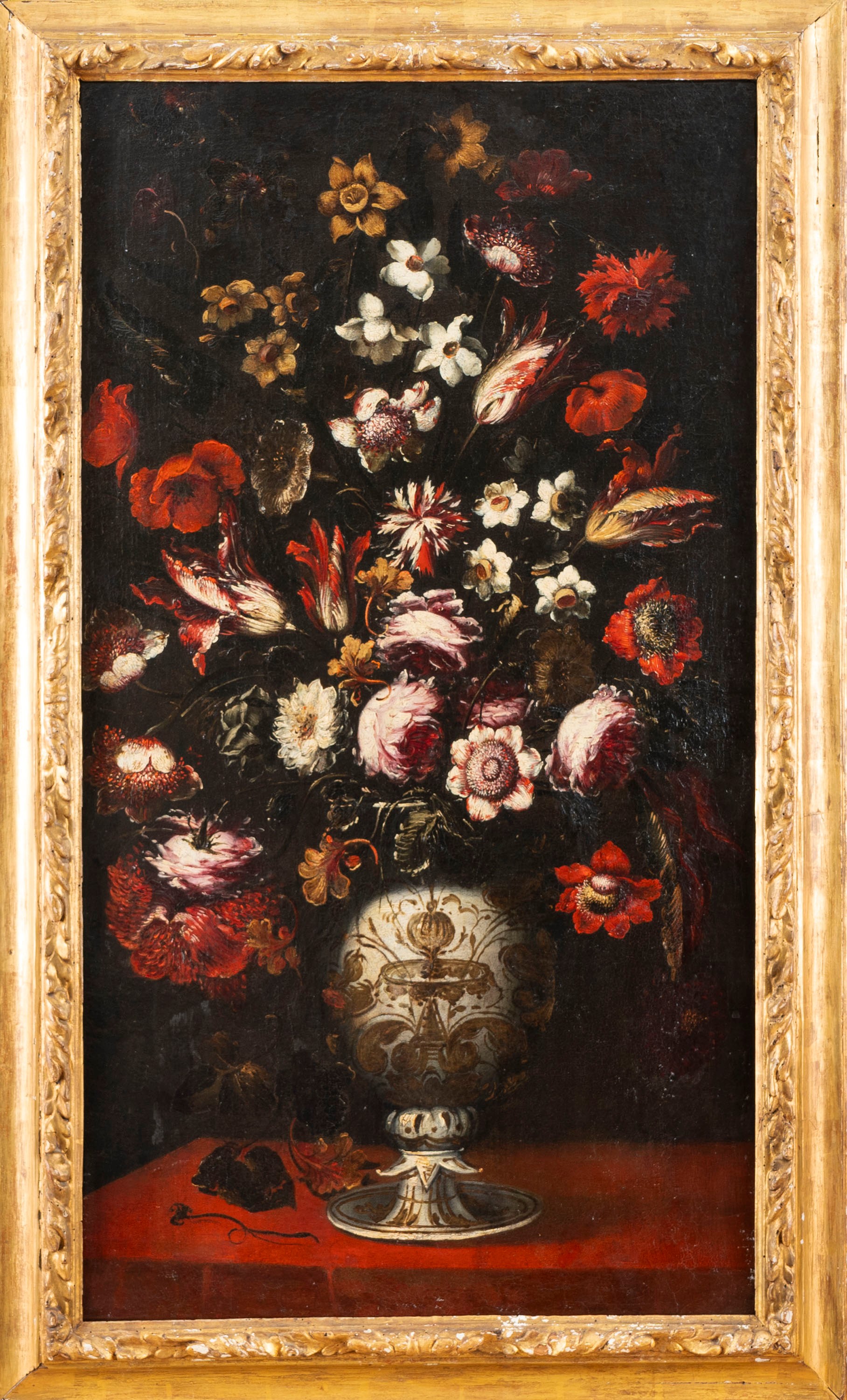 Scuola Napoletana, Secolo XVII - Autore Ignoto, Rose, narcisi, garofani e altri fiori in un vaso ...