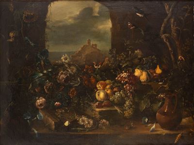 Nicola Veerendael, Trionfo di fiori e frutta in un portico con giardino, olio su tela, cm 97 x 13...
