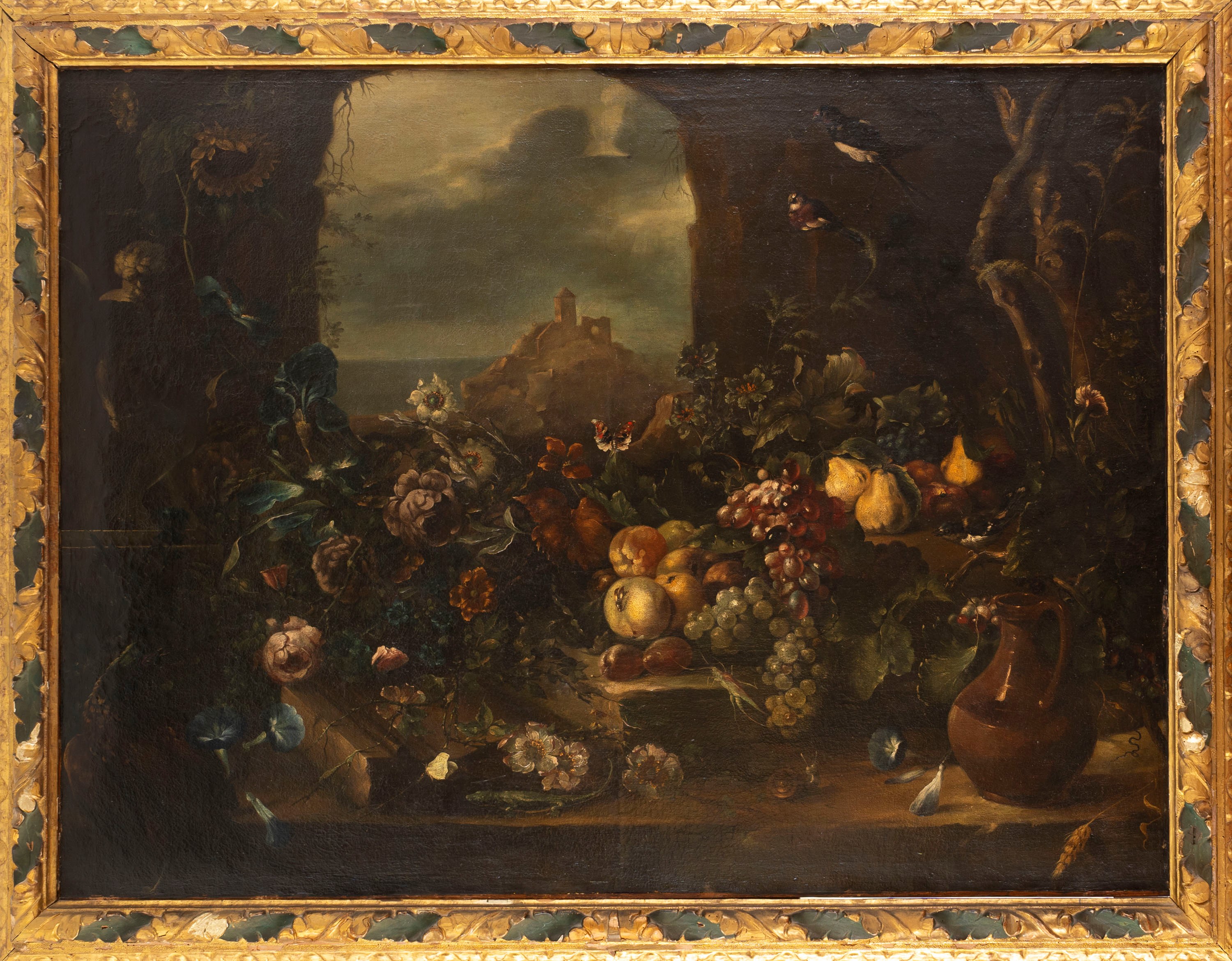 Scuola Fiamminga, Secolo XVII - Nicola Veerendael, Trionfo di fiori e frutta in un portico con gi...