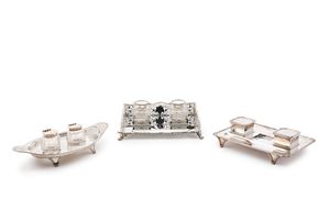 Three silver and crystal inkwells