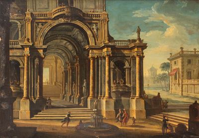 Capriccio architettonico con astanti, olio su tela