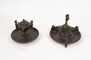 Lot of two desk objects: bronze inkwell and bell, 19th century