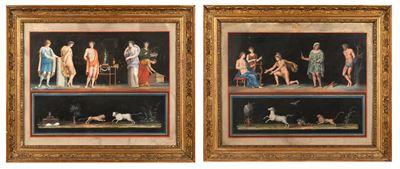Autore Ignoto, Due scene classiche: Rito romano e Apollo e Marsia, tempera su carta