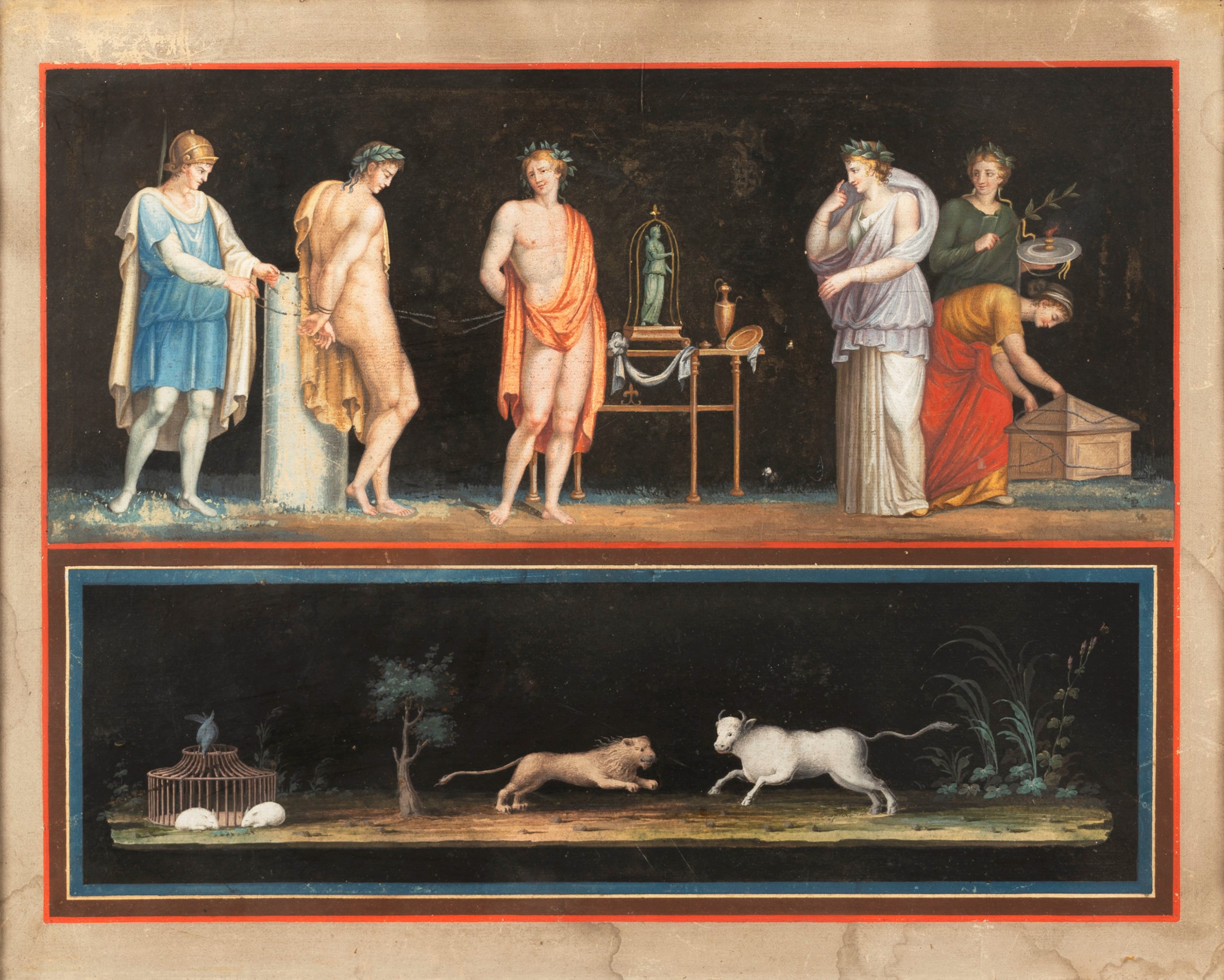 Artista Neoclassico - Autore Ignoto, Due scene classiche: Rito romano e Apollo e Marsia, tempera ...