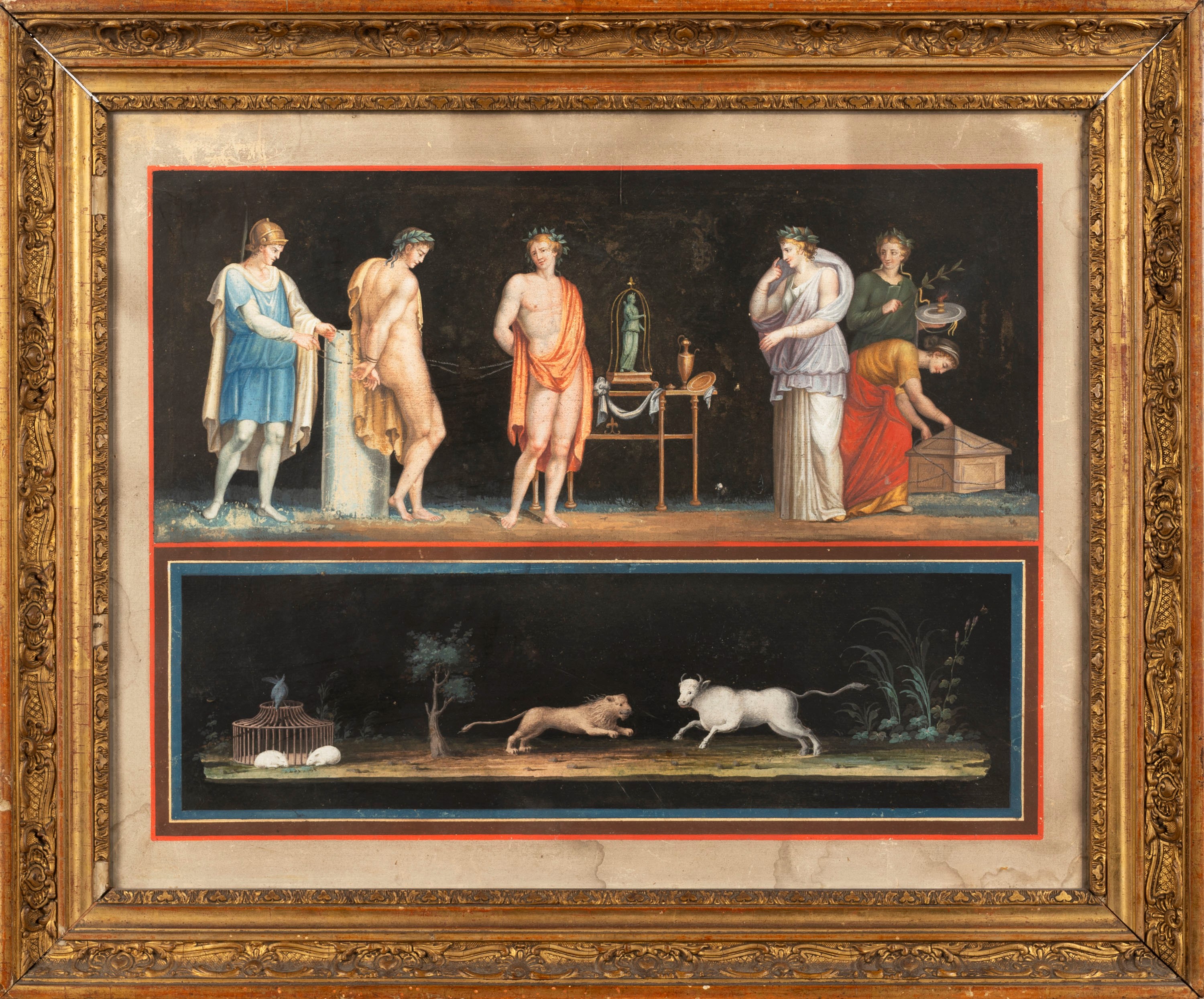 Artista Neoclassico - Autore Ignoto, Due scene classiche: Rito romano e Apollo e Marsia, tempera ...