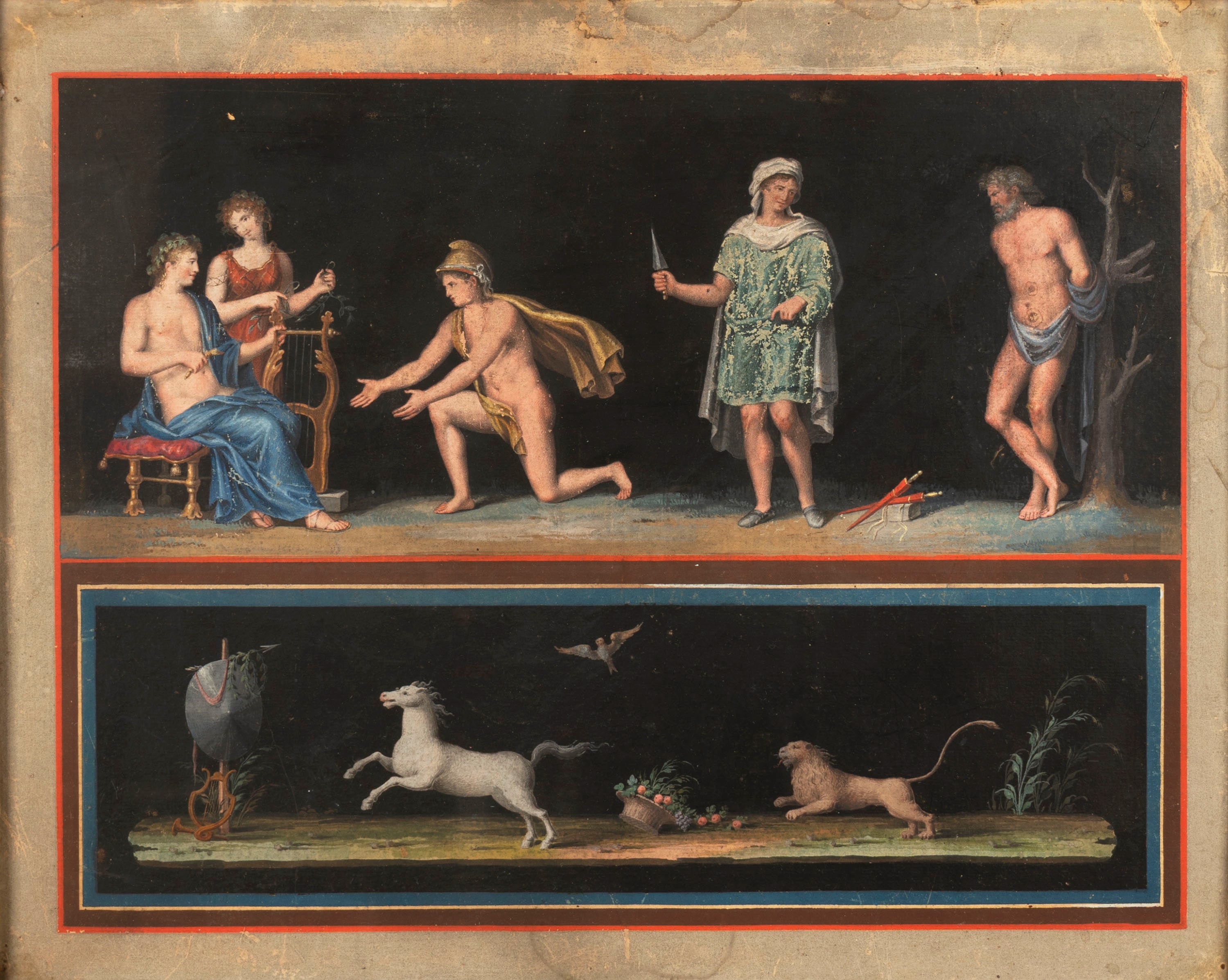 Artista Neoclassico - Autore Ignoto, Due scene classiche: Rito romano e Apollo e Marsia, tempera ...