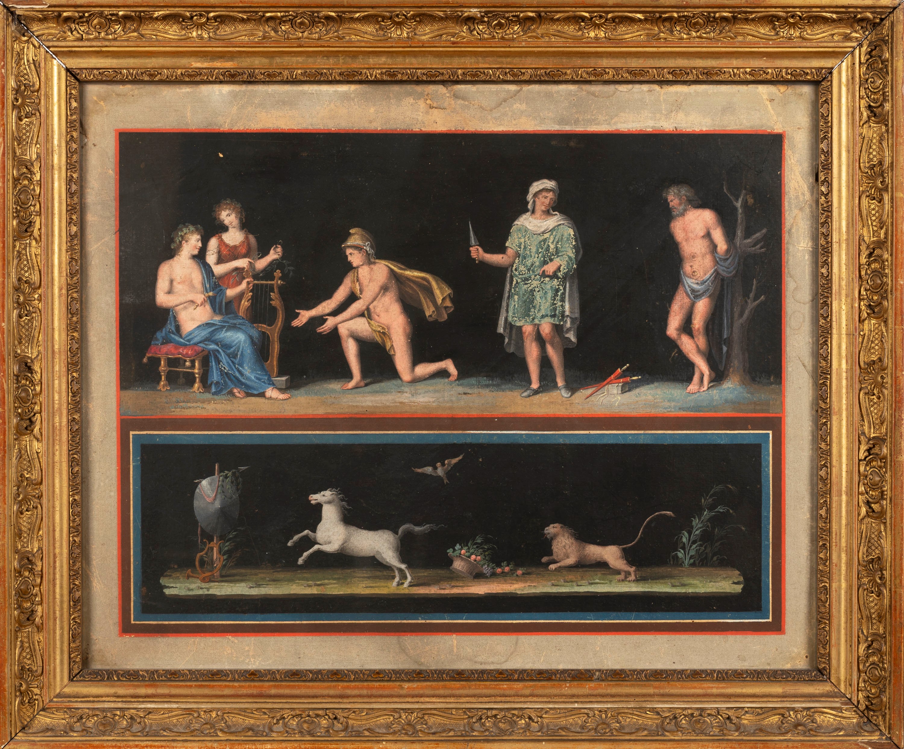 Artista Neoclassico - Autore Ignoto, Due scene classiche: Rito romano e Apollo e Marsia, tempera ...