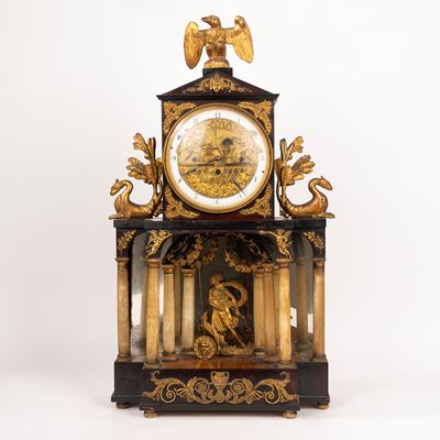 Pendola da Tavolo Biedermeier con Colonne in Alabastro e Applicazioni in Bronzo Dorato, Vienna 18...