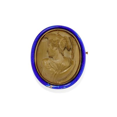 Spilla in metallo dorato e oro giallo 18k con cammeo femminile