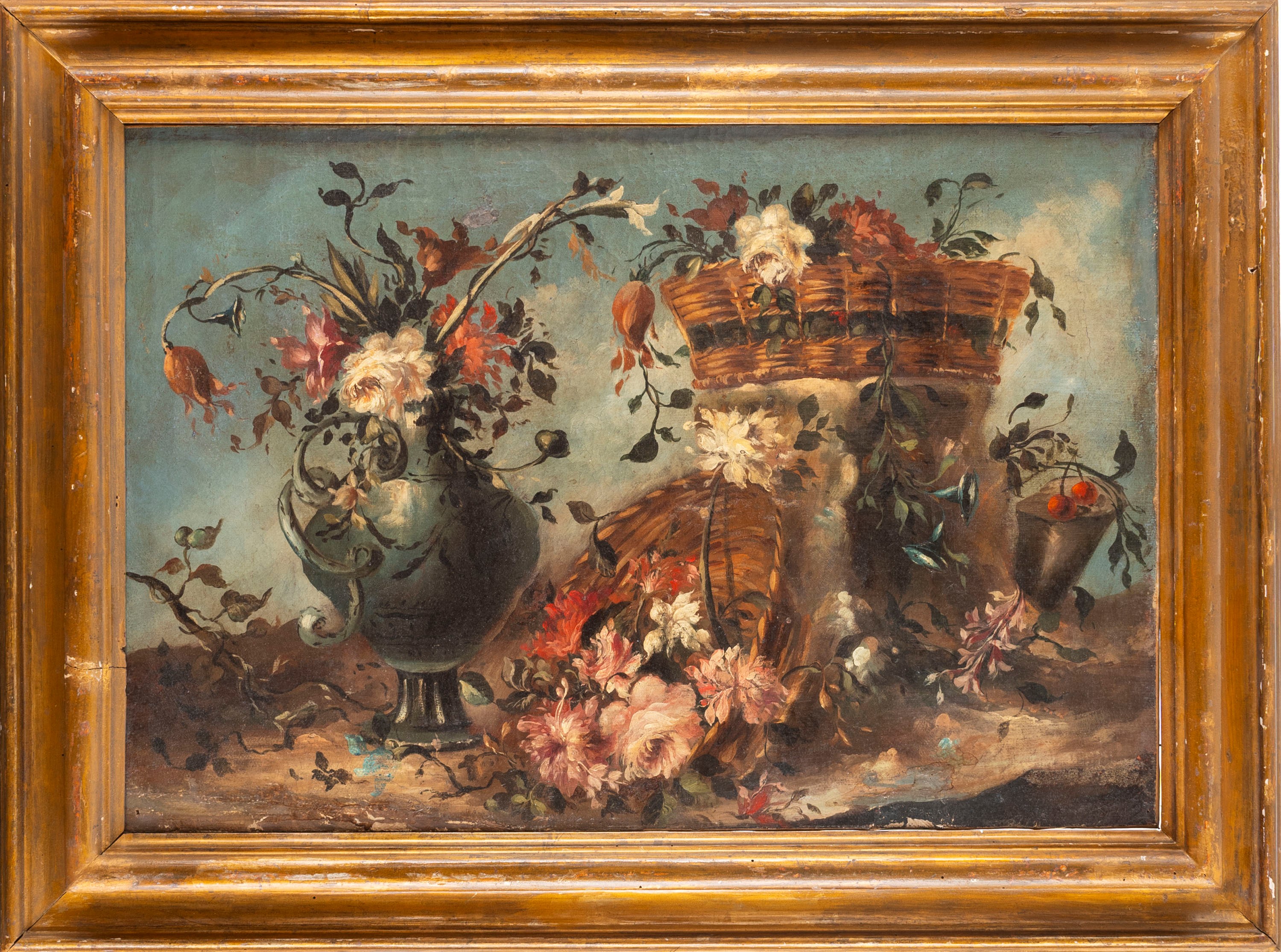 Seguace di Francesco Guardi - Natura morta con vaso e ceste di fiori, olio su tela