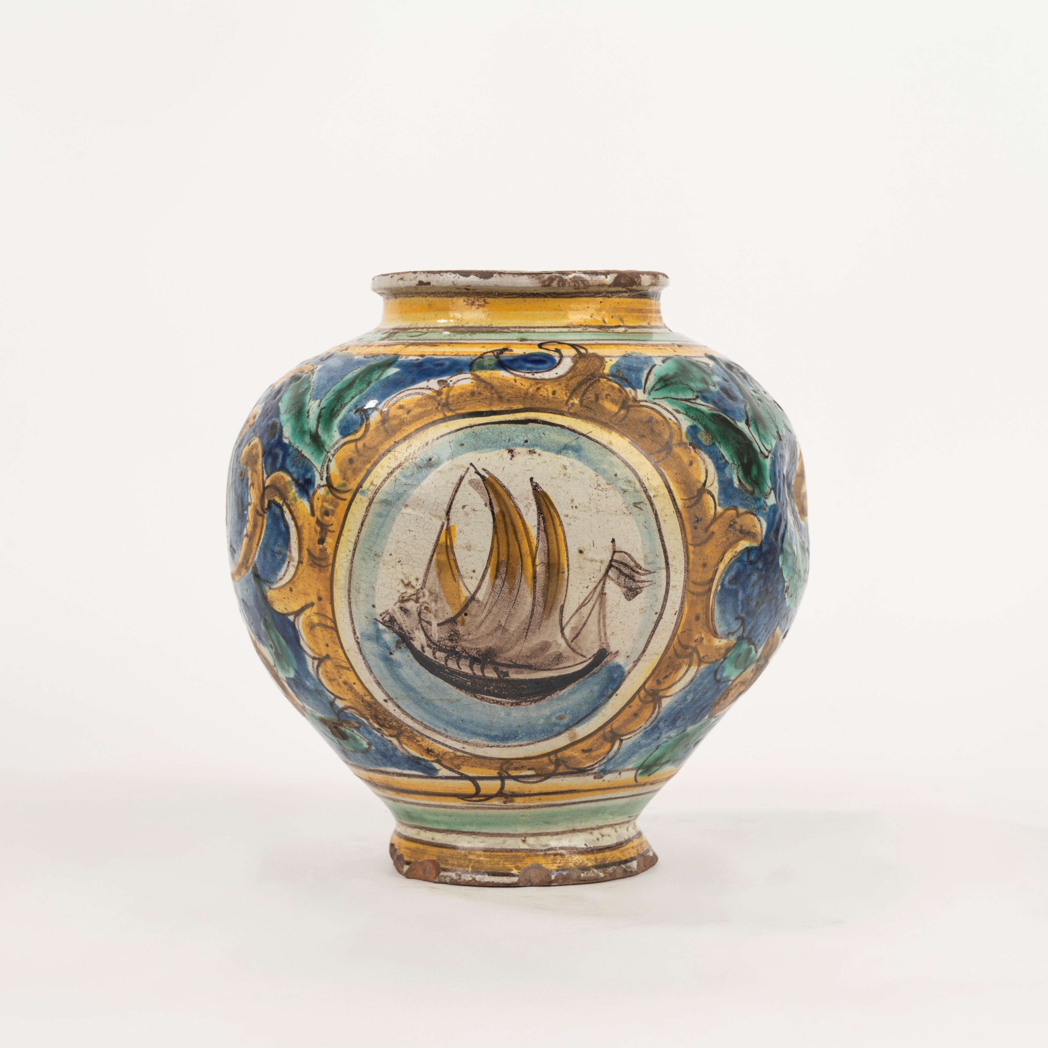 Vaso da fiori classico in ceramica, rotondo, smaltato, altezza 14 cm, giallo con foro