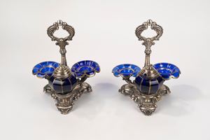 Pair of salt shakers with gravy boats in Bohemian blue crystal and silver, late 19th century - early 20th century