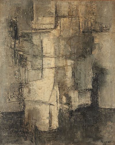 N. 9 primi grigi, olio su masonite, 1956