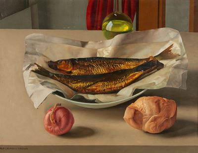 Natura morta con pesci, olio su panforte, cm 48x63