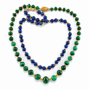 Two 18K yellow gold, lapislazuli and malachite necklaces