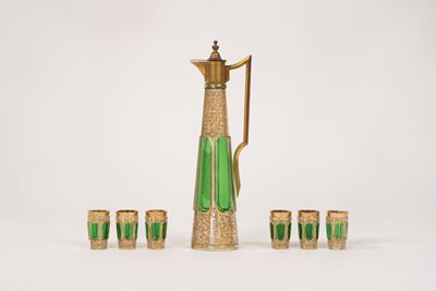 Servizio da Rosolio in Cristallo con Decorazioni in Oro e Ottone Dorato, Inizi Secolo XX