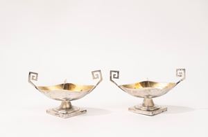  - Pair of silver salt shakers with Greek grips, late 18th century - early 19th century