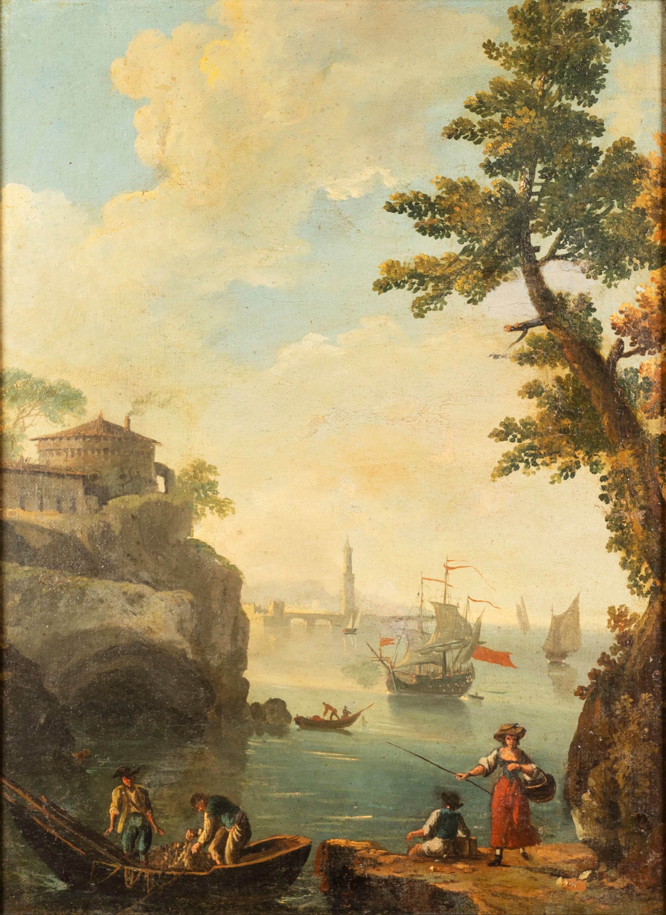 Scuola Italiana, Secolo XVIII - Due paesaggi costieri con pescatori e velieri, coppia, olio su te...
