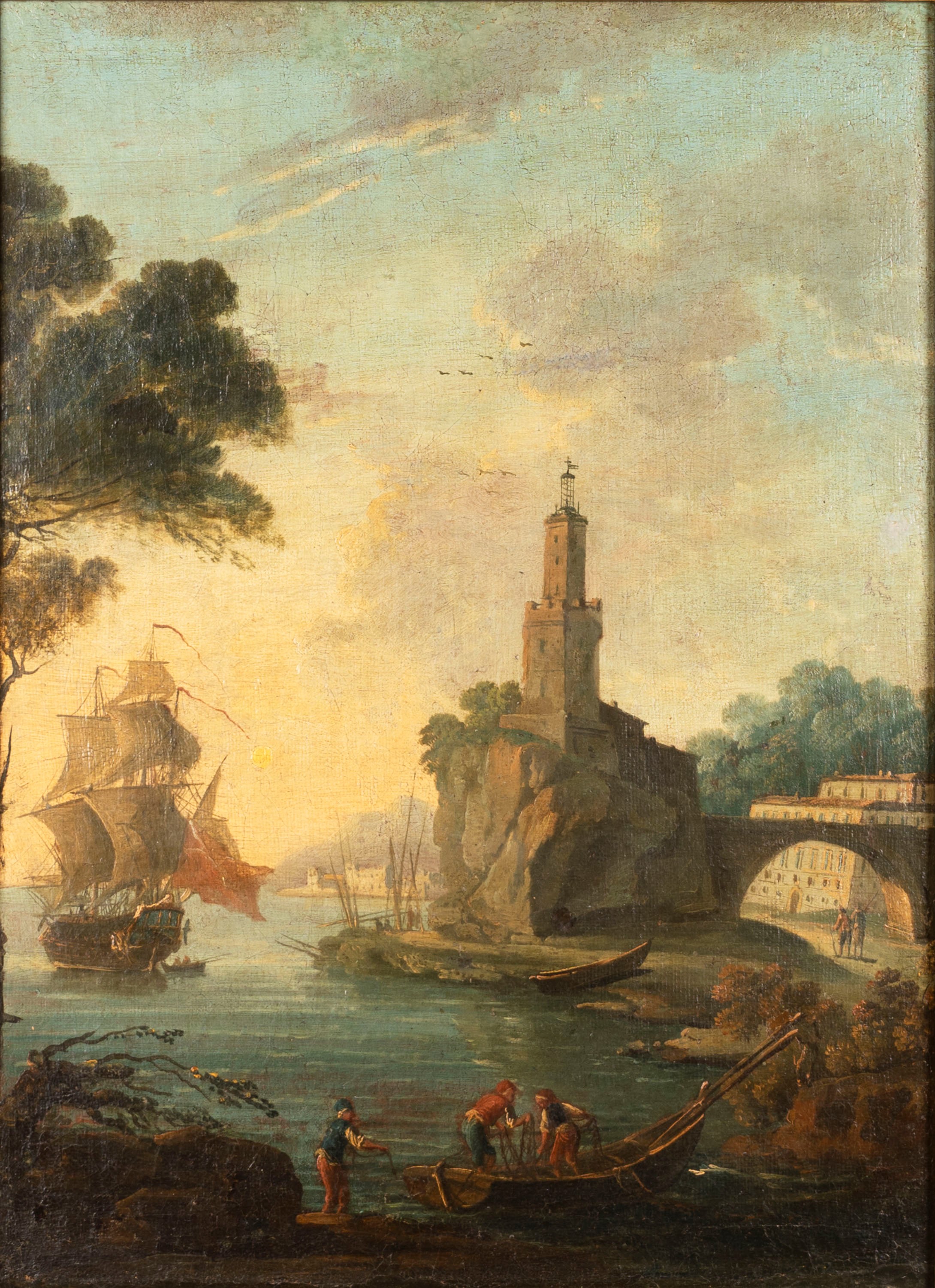 Scuola Italiana, Secolo XVIII - Due paesaggi costieri con pescatori e velieri, coppia, olio su te...