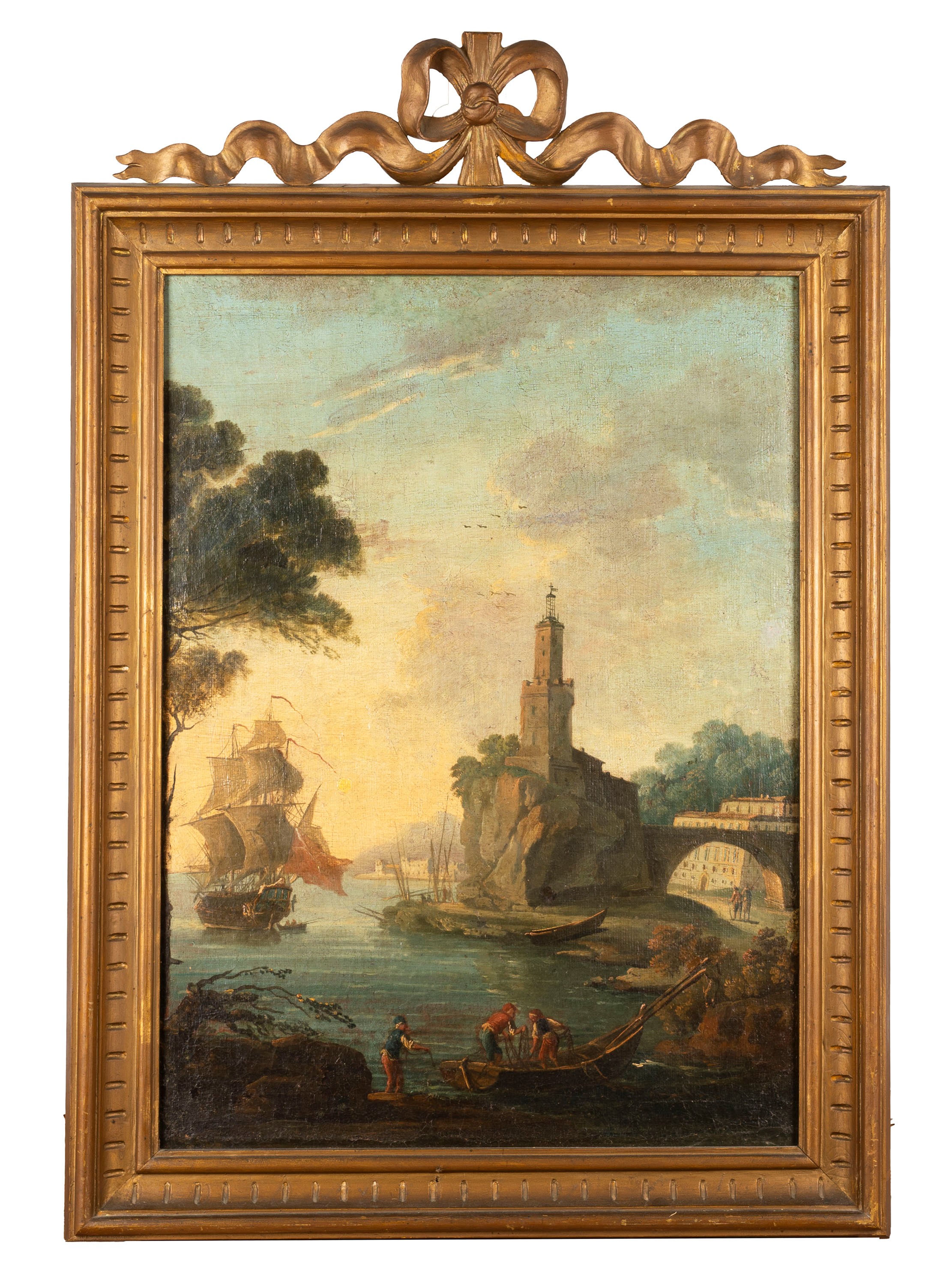 Scuola Italiana, Secolo XVIII - Due paesaggi costieri con pescatori e velieri, coppia, olio su te...