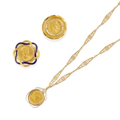 Coppia di spille e collana in oro giallo 9k e 18k con decorazioni smaltate
