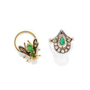 Two 18K yellow gold, silver, emerald and diamond rings
