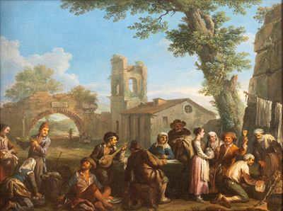 Paesaggio con festa di contadini sull'aia, olio su tela