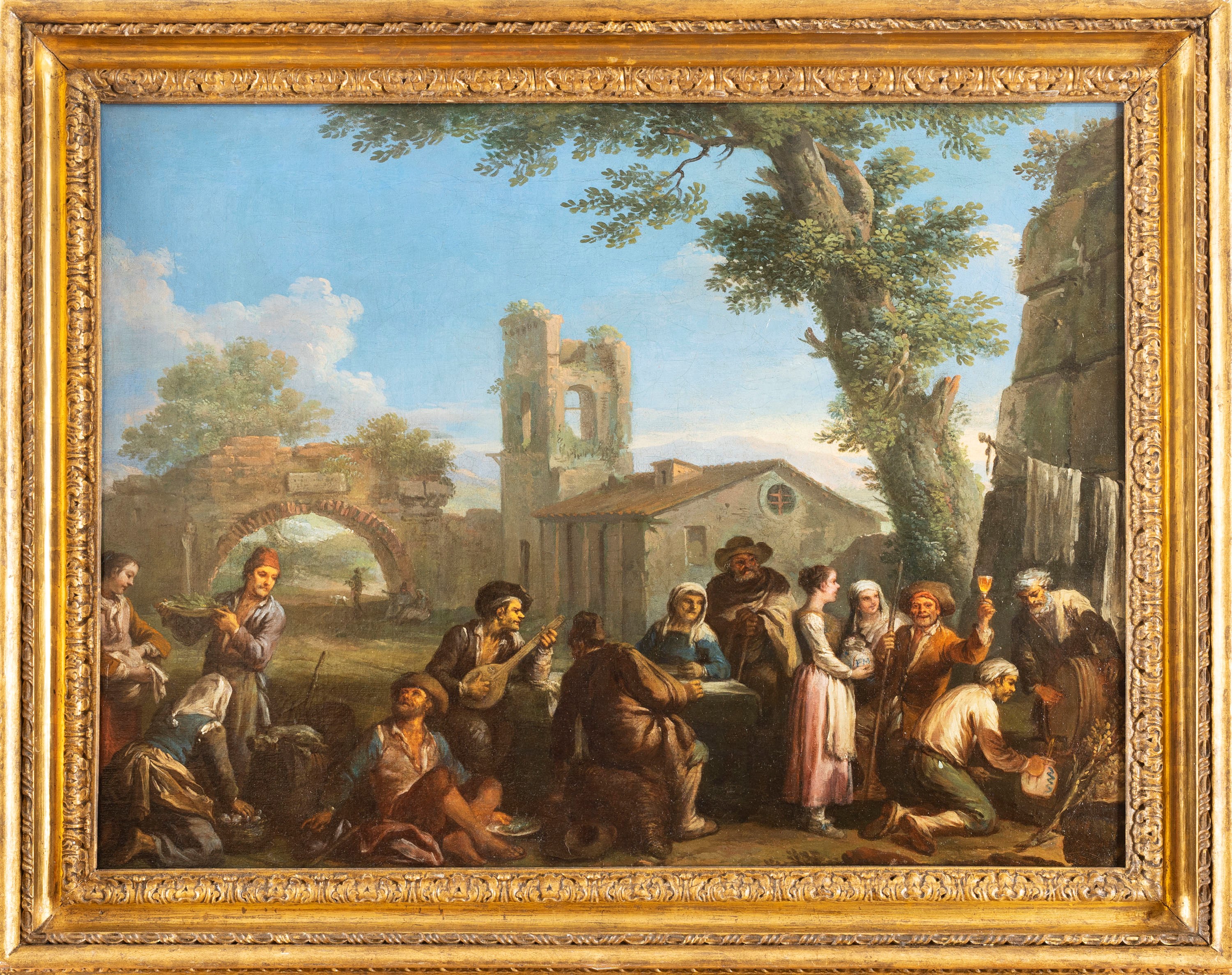 Paolo Monaldi - Paesaggio con festa di contadini sull'aia, olio su tela