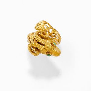 Anello in oro giallo 18K e smeraldi