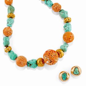 Lot of 18K yellow gold, turquoise and coral jewels