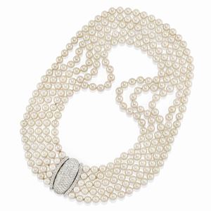A 18K two-color gold, cultured pearl and diamond necklace