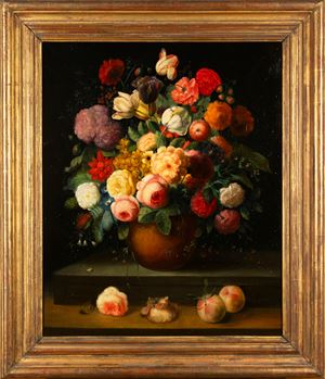 Roses, tulips, bluebells and other flowers in a vase