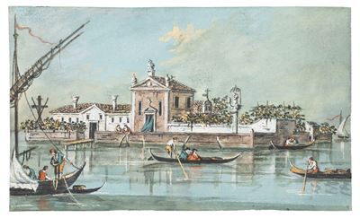 Veduta dell'Isola della Beata Vergine del Rosario, gouache su carta