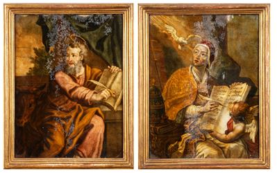 Due Stampe Sottovetro Raffiguranti San Luca e San Gregorio Magno