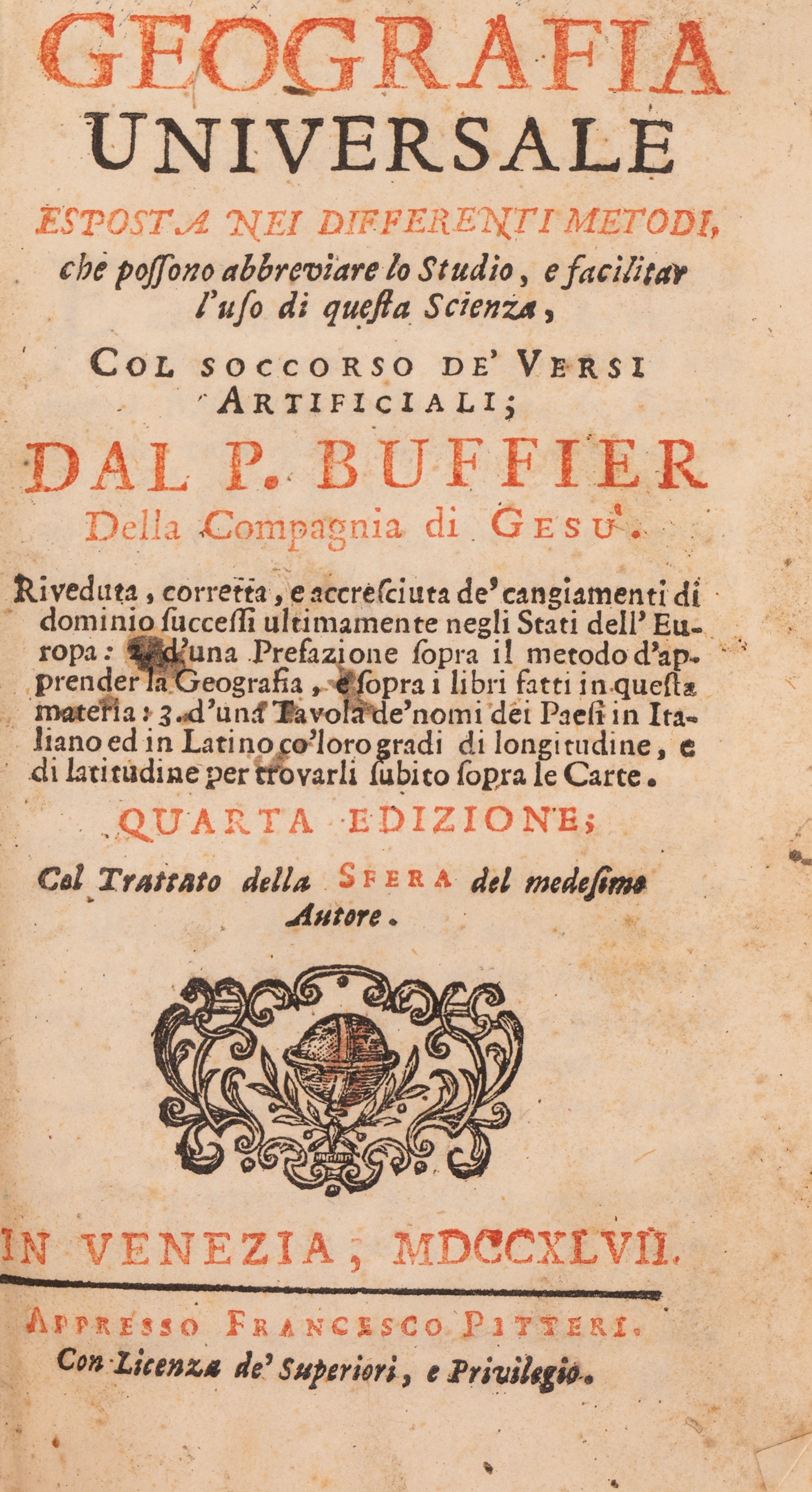Claude Buffier - Geografia universale esposta nei differenti metodi che possono abbreviare lo Stu...