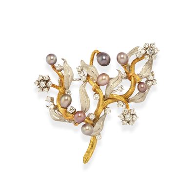 Spilla in oro bicolore 18k con perle e diamanti